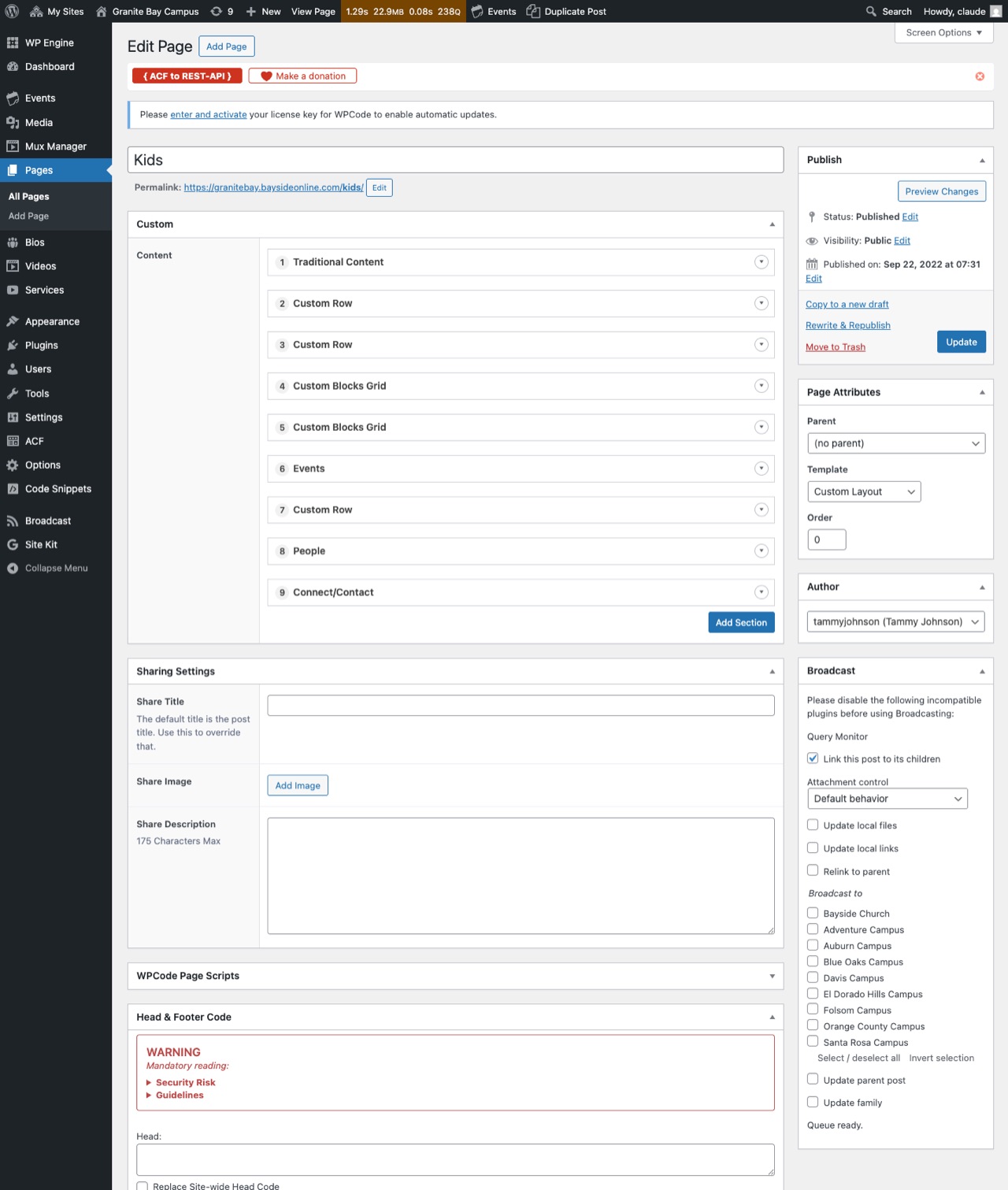 The same page in the WordPress Custom Layout editor, built from ACF sections