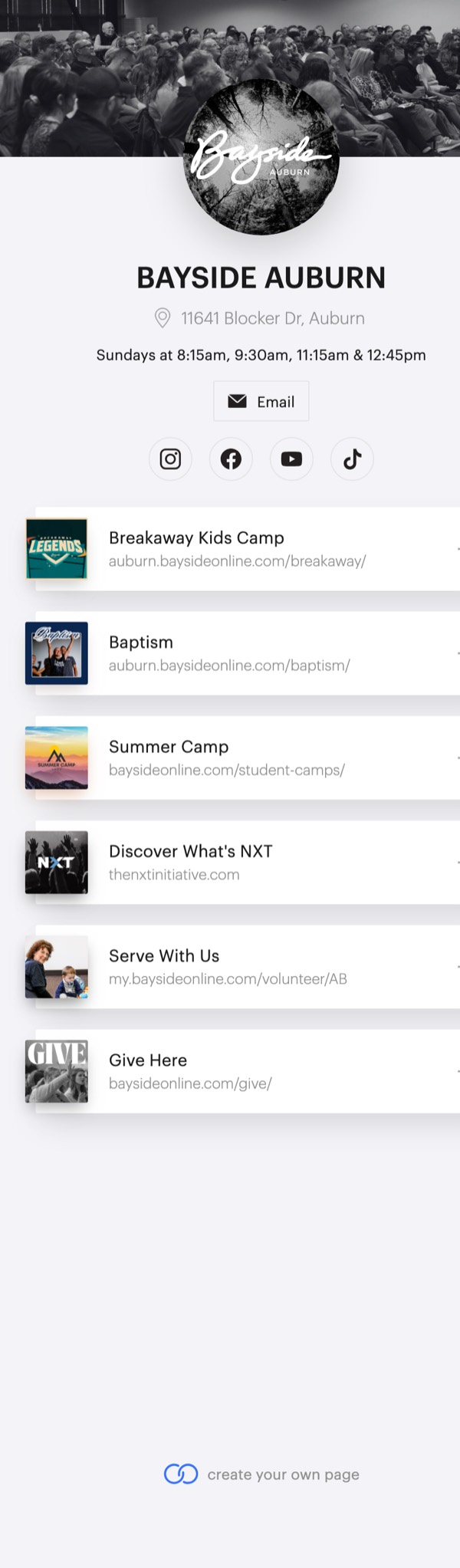 Bayside Auburn link-in-bio page on solo.to