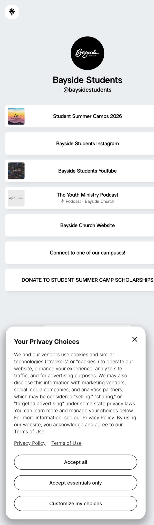 Bayside Students link-in-bio page on Linktree