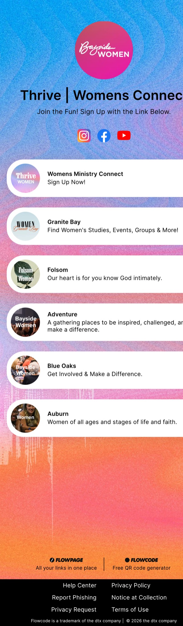 Thrive Women link-in-bio page on Flowpage