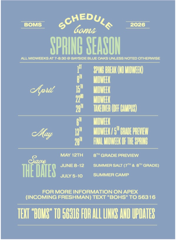 Blue Oaks Middle School spring 2026 calendar — a one-page PDF of the season's midweek events